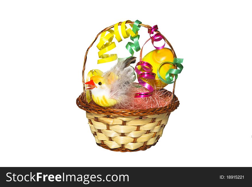 Chicken in a nest with flowers on the white isolated background