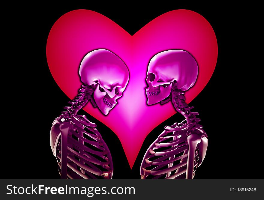 A pair of skeletons with a love heart behind them. A pair of skeletons with a love heart behind them.