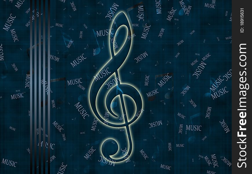 Glowing treble clef on an abstract blue background with notes