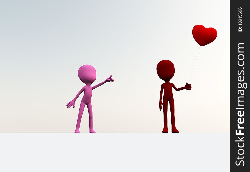 Concept image showing a female cartoon figure pointing at a heart shaped balloon. Concept image showing a female cartoon figure pointing at a heart shaped balloon.