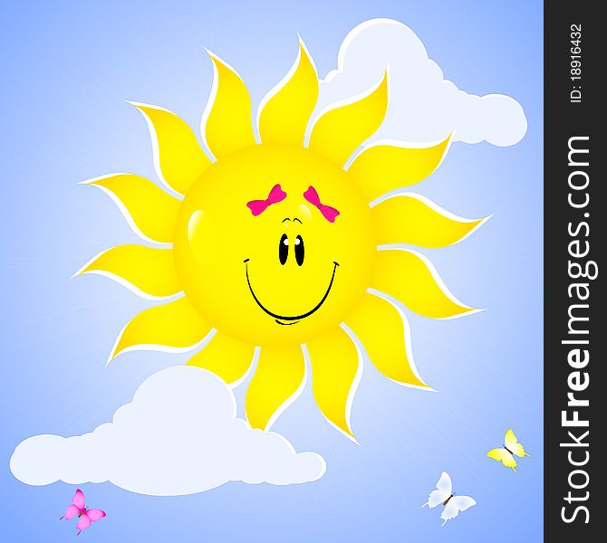Smiling sun with bows and butterflies. Smiling sun with bows and butterflies.