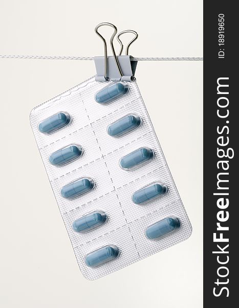 Blister pack of pills hung