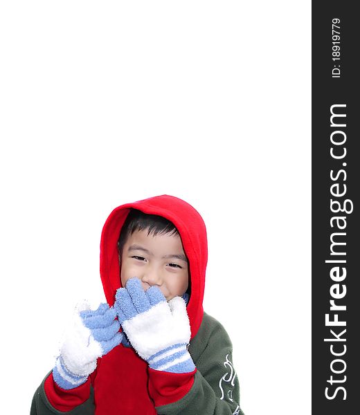 Chinese boy , Kid in winter clothes looking up happy smiling, with isolated on white background