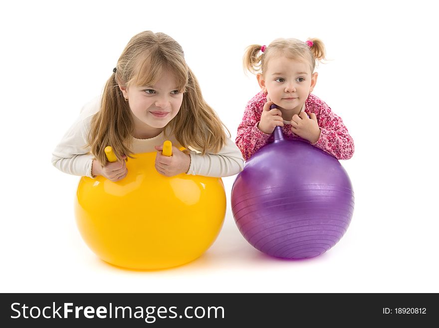 Babies with ball, on white background.