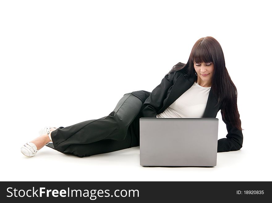 Woman and laptop, on white background.