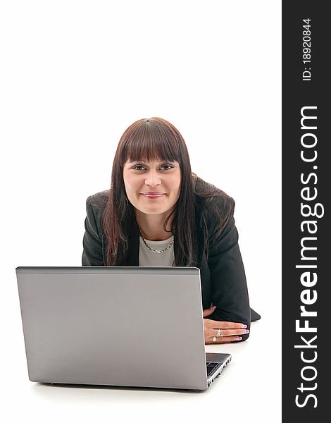 Woman and laptop, on white background.