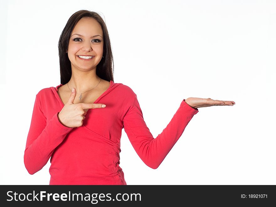 Beautiful girl in the red on a white background