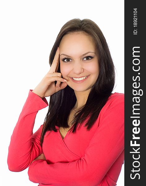 Beautiful girl in the red on a white background