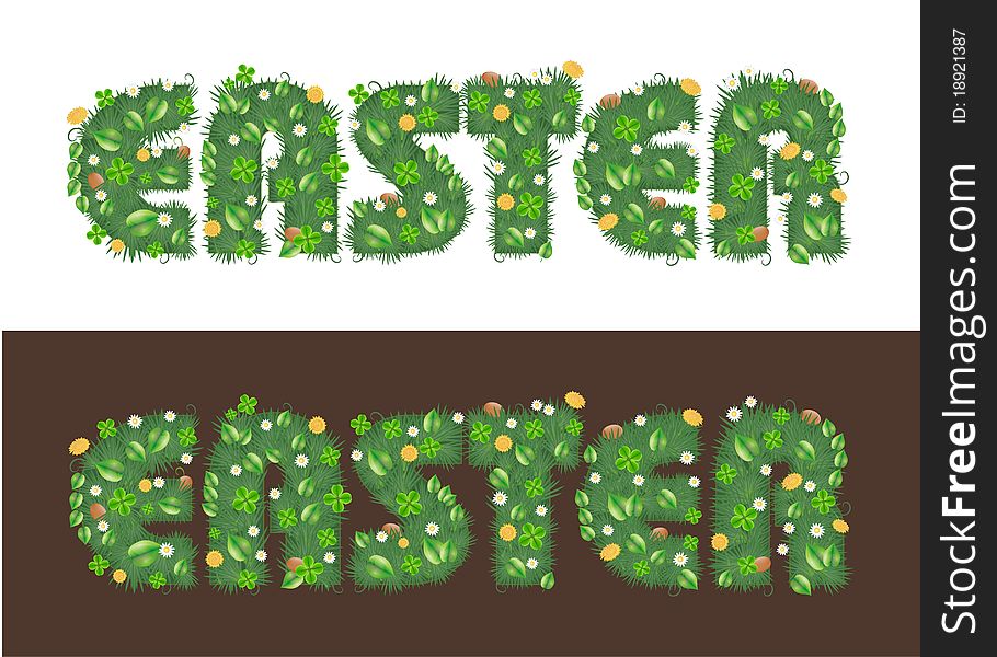 Word Easter with grass and eggs. Word Easter with grass and eggs