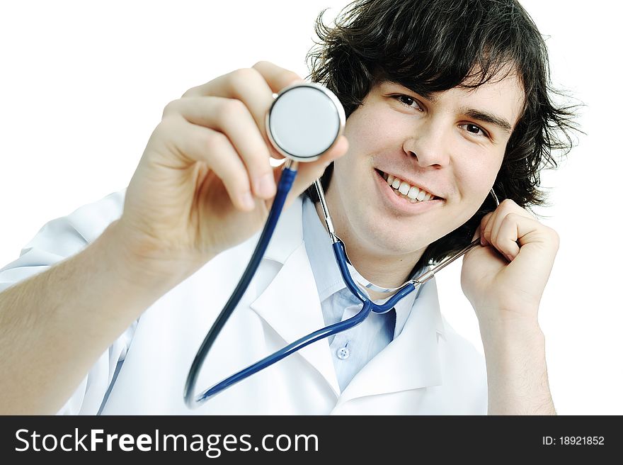 An image of a young doctor with a phonendoscope. An image of a young doctor with a phonendoscope