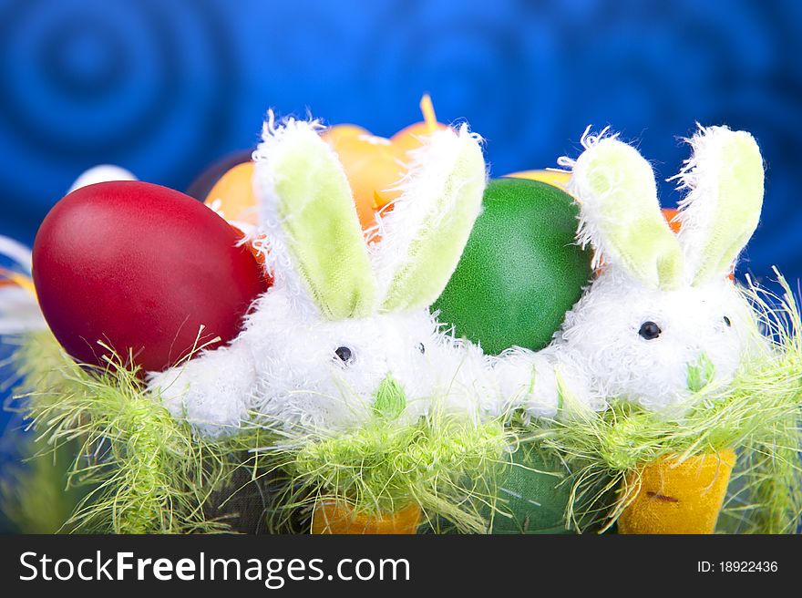 Easter eggs in a basket with Bunnies