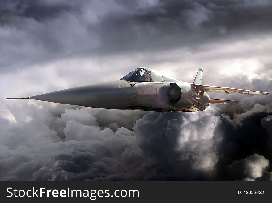 A Mirage III fighter flying over clouds