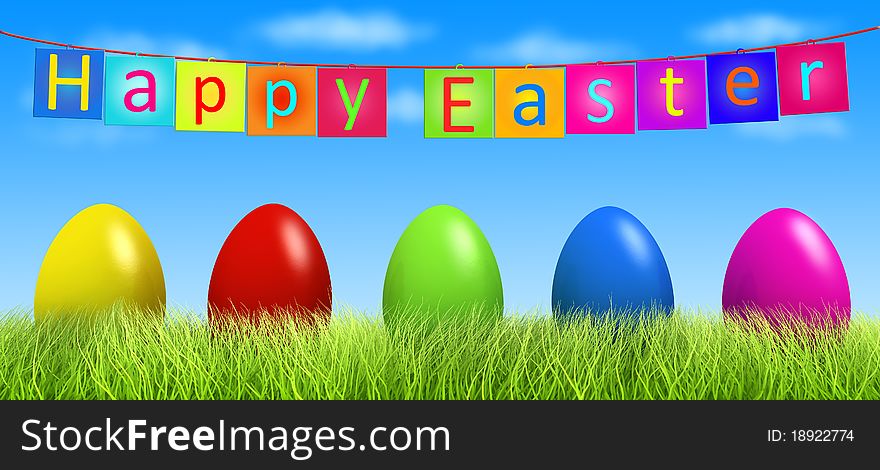 Colorful Easter eggs in green grass outdoors, illustration