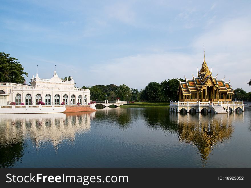 The Thewarat Khanlai gate and Phra Thinang Aisawan Thiphya-Art pavilion at the Royal Palace in Bang Pa In, Ayuttaya, Thailand. The Thewarat Khanlai gate and Phra Thinang Aisawan Thiphya-Art pavilion at the Royal Palace in Bang Pa In, Ayuttaya, Thailand.