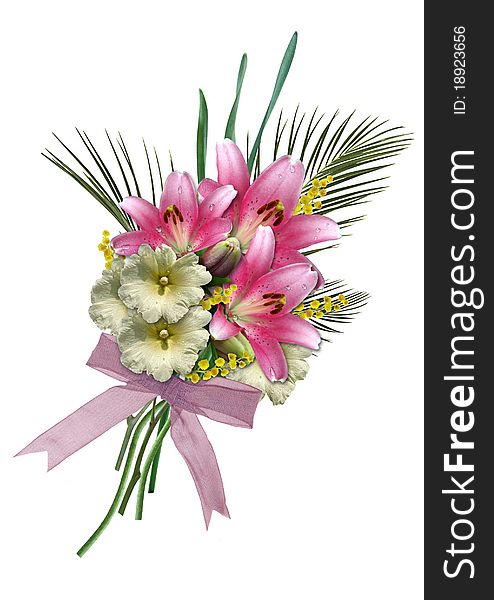 Bouquet of lilies and hollyhocks. Isolated on white background