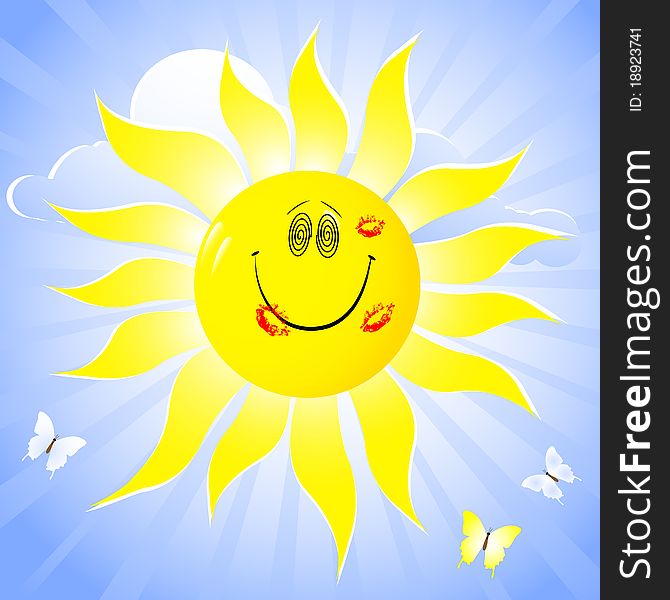 Smiling sun with lip print and butterflies. Smiling sun with lip print and butterflies.