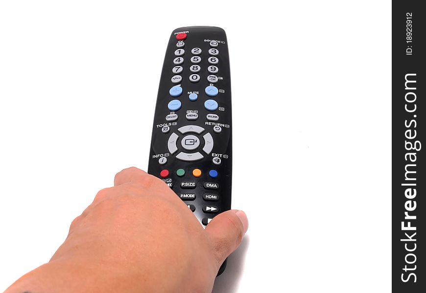 Hand holding a Black Remote control with isolated on white . you can use this remote to control whatever you want , Vertical. Hand holding a Black Remote control with isolated on white . you can use this remote to control whatever you want , Vertical