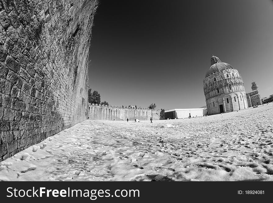 Piazza dei Miracoli in Pisa after a Snowstorm, Italy