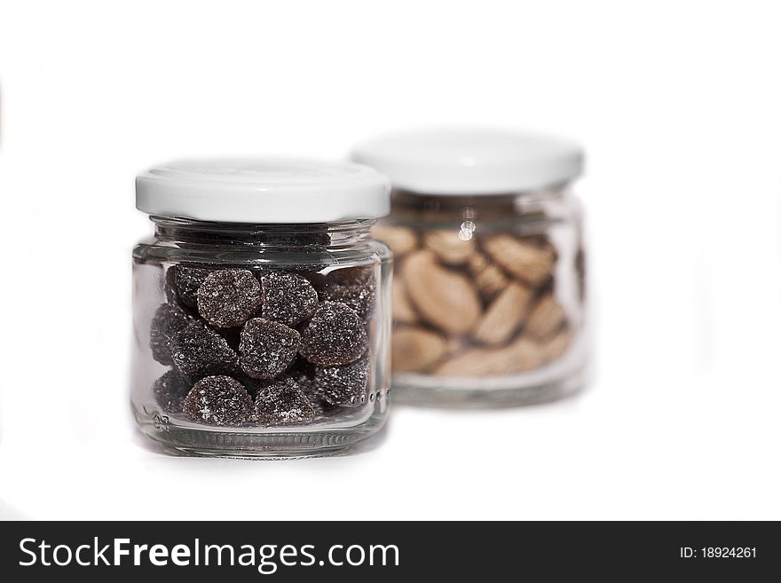 Jars of candy with a white background