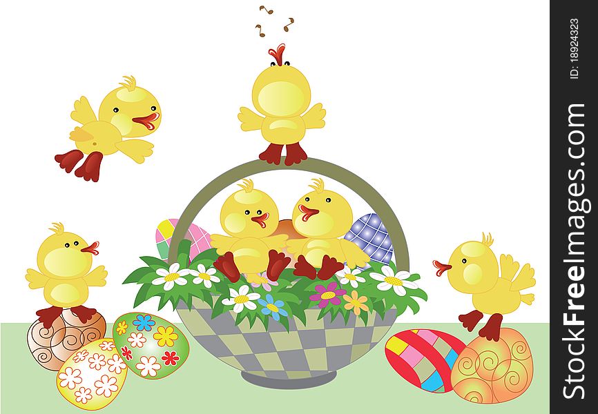Easter basket with  ducklings ,flowers and eggs