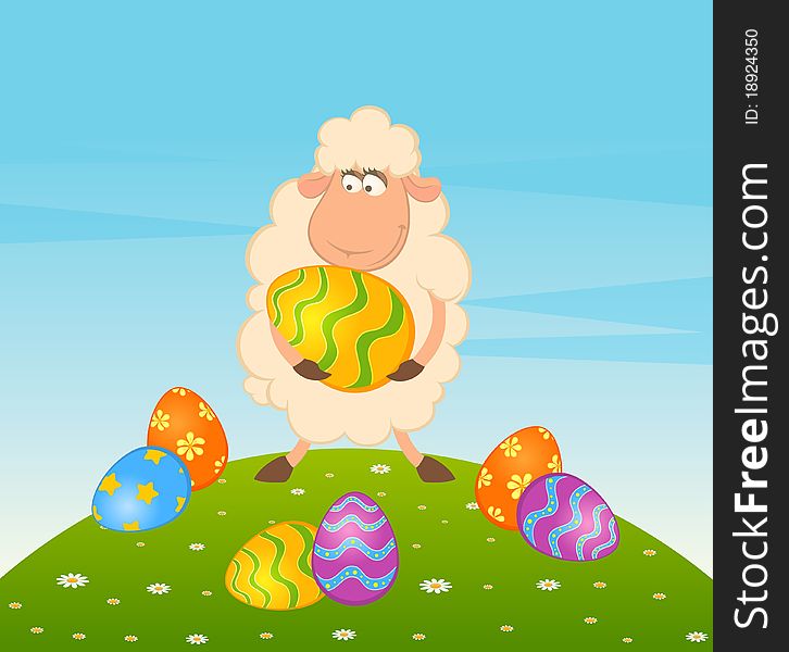 Easter sheep with colored egg. Easter card