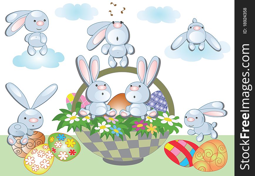 Easter background with basket,flowers rabbits,eggs. Easter background with basket,flowers rabbits,eggs