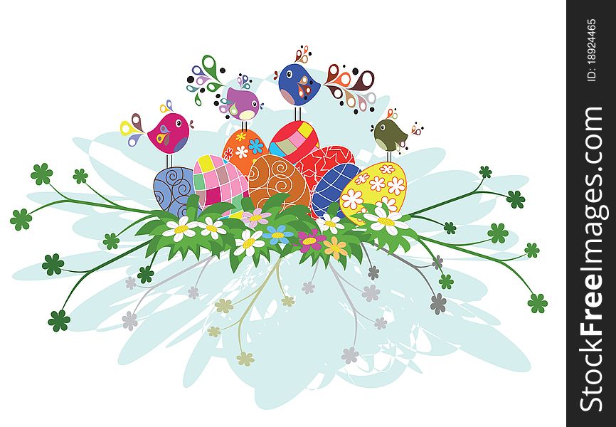 Easter background with eggs,flowers ,birds