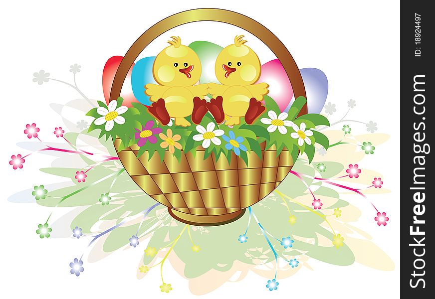 Easter basket with ducklings ,flowers and eggs