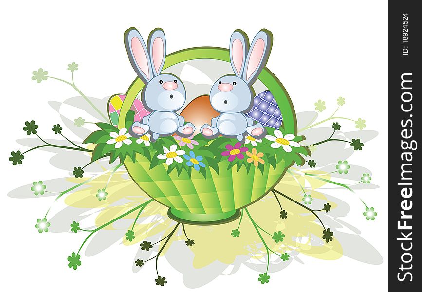 Easter background with basket,flowers rabbits,eggs. Easter background with basket,flowers rabbits,eggs