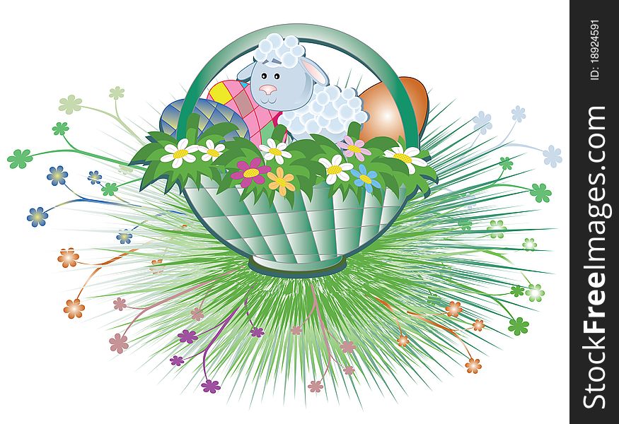 Easter basket with sheep, flowers and eggs