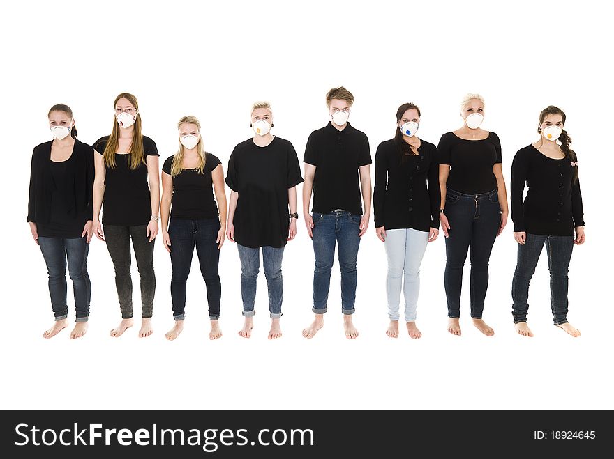 Girls in a row with Protective Masks isolated on white background. Girls in a row with Protective Masks isolated on white background