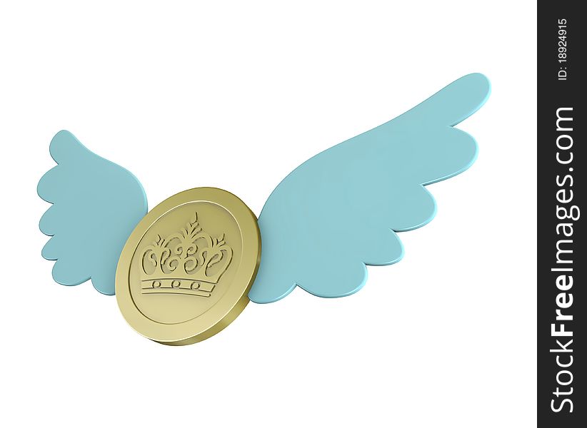 One 3d coin with wings flying. One 3d coin with wings flying