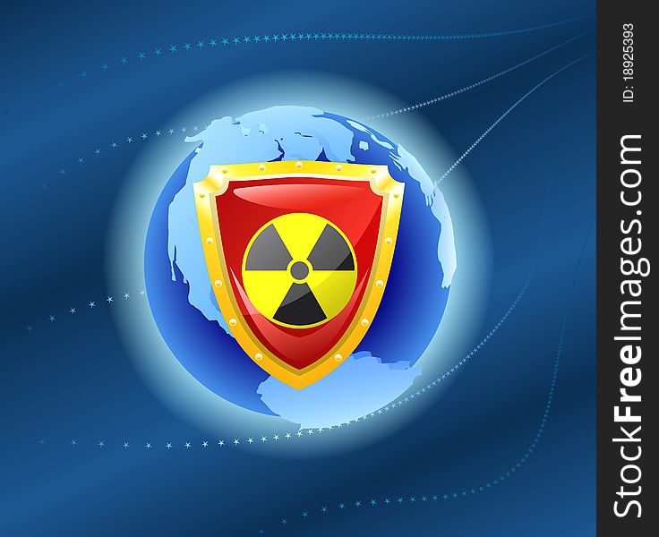 Earth and the shield with the sign of radiation hazards are shown in the picture. Earth and the shield with the sign of radiation hazards are shown in the picture.