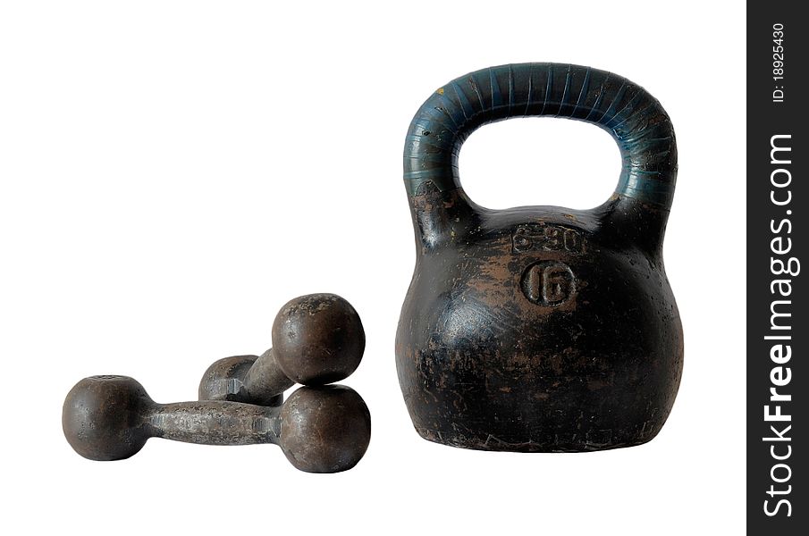 Old Dumbbells and the weight for playing sports on white