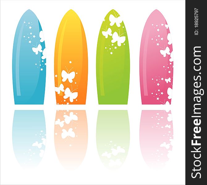 Set of 4 colorful surfboards