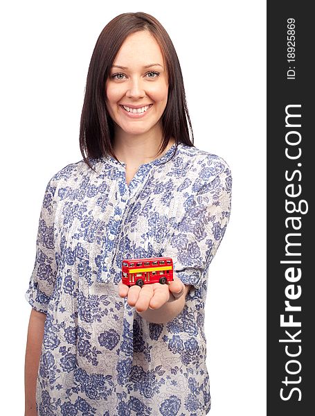 Young Woman With A British Double Deck Bus