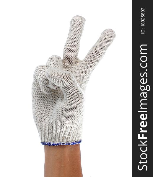 Hand with white fabric glove gesturing. Hand with white fabric glove gesturing