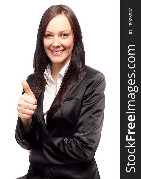 Attractive young woman with thumb up on white background