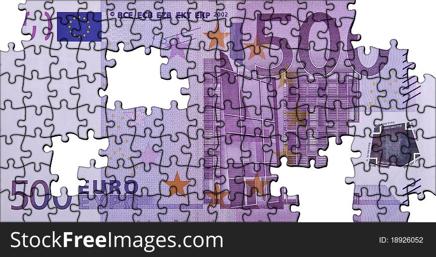 This image shows a puzzle of a 500 euro banknotes, which is missing some pieces