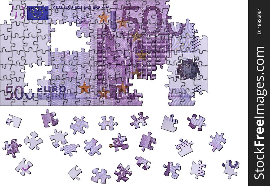 This image shows a puzzle of a 500 euro banknotes, which is missing some pieces