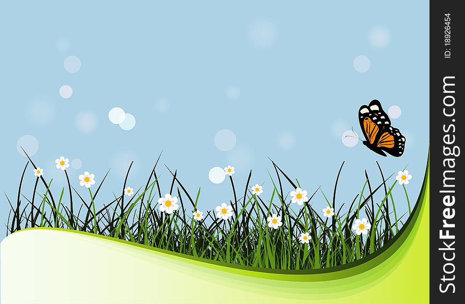 Grass, flowers and butterfly. Nature illustration.