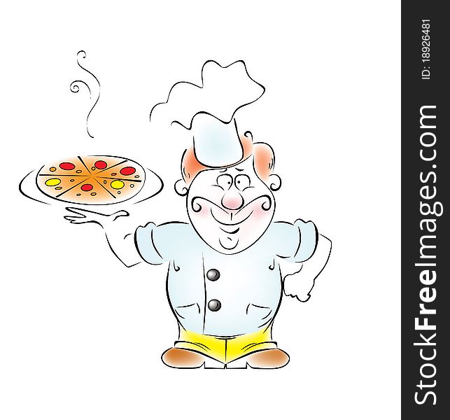 Illustration cooks the pizza in his hand