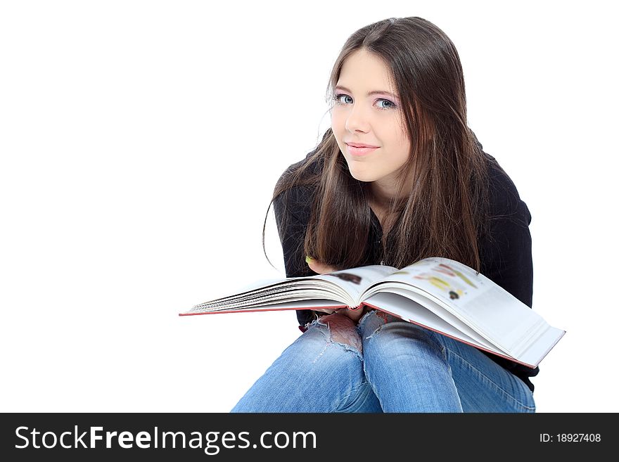 Portrait of a girl teenager reading book. Isolated over white background. Portrait of a girl teenager reading book. Isolated over white background.