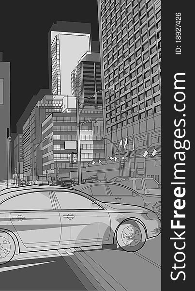 City image of buildings and a car on the road. City image of buildings and a car on the road