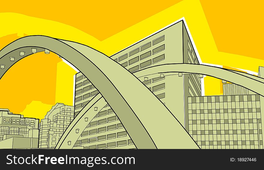City image of tall downtown buildings and arches. City image of tall downtown buildings and arches