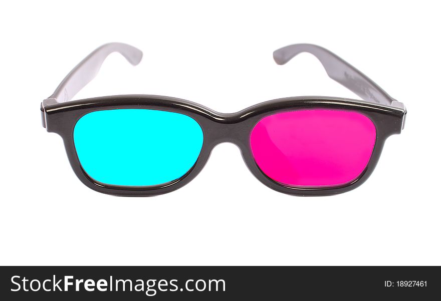 3D glasses are made of black plastic with blue and red glass