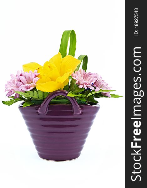Flower arrangement in a pot isolated on white background