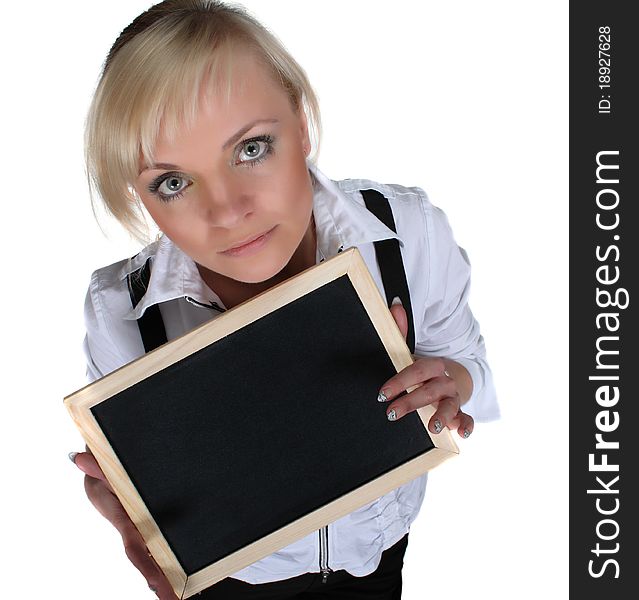 Woman holding a black wooden plaque