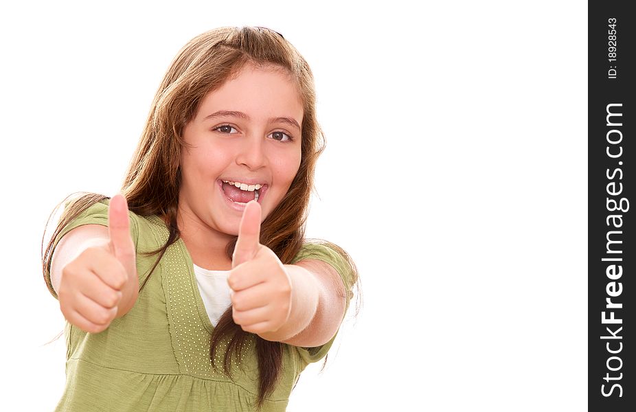 Happy girl with gesture of approval in his hands over white background