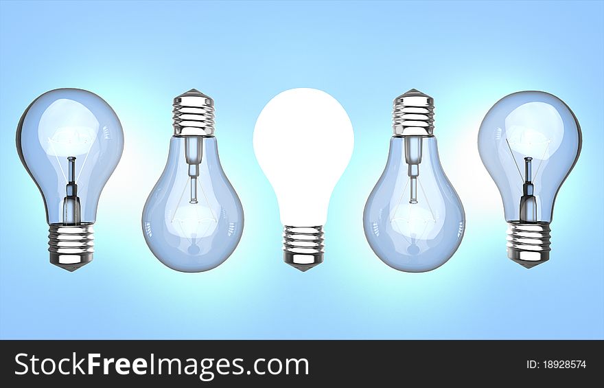 5 light bulbs head to tail over blue background. 5 light bulbs head to tail over blue background